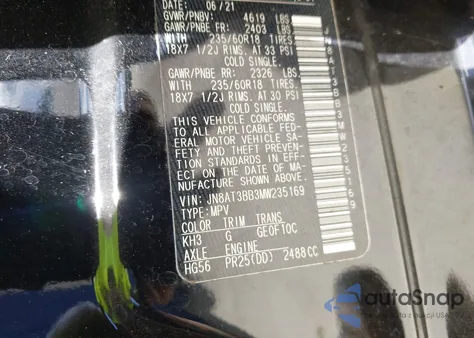 2021 Nissan Rogue Sv Intelligent Awd из США, поврежденный, VIN JN8AT3BB3MW235169